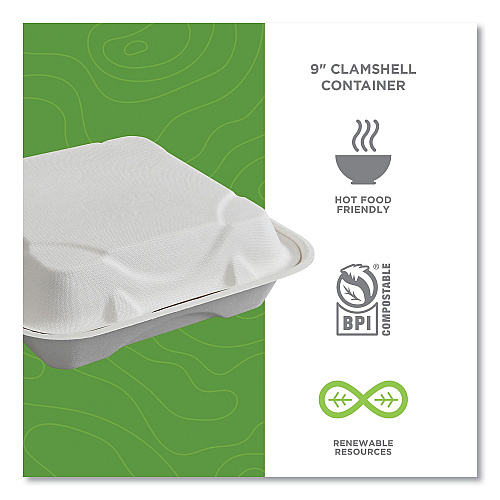 Eco-Products Vanguard Renewable and Compostable Sugarcane Clamshells, 1-Compartment, 9 x 9 x 3, White, 200/Carton (EPHC91NFA)