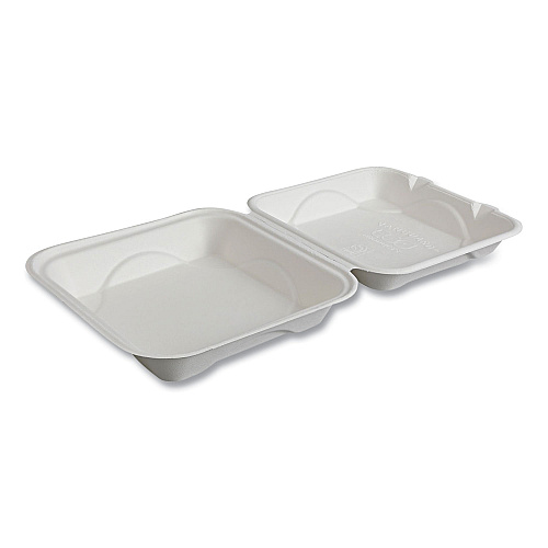 Eco-Products Vanguard Renewable and Compostable Sugarcane Clamshells, 1-Compartment, 9 x 9 x 3, White, 200/Carton (EPHC91NFA)