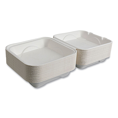Eco-Products Vanguard Renewable and Compostable Sugarcane Clamshells, 1-Compartment, 9 x 9 x 3, White, 200/Carton (EPHC91NFA)