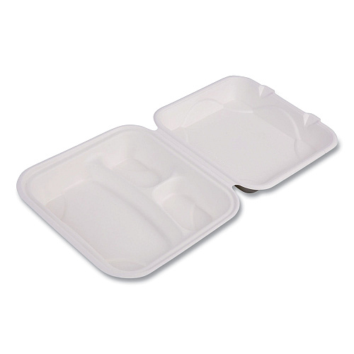 Eco-Products Bagasse Hinged Clamshell Containers, 3-Compartment, 9 x 9 x 3, White, Sugarcane, 50/Pack, 4 Packs/Carton (EPHC93)