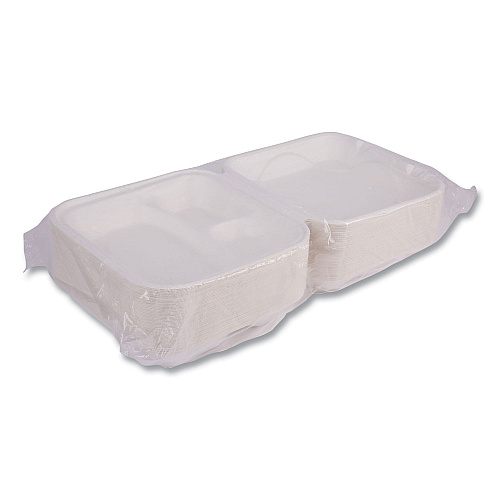 Eco-Products Bagasse Hinged Clamshell Containers, 3-Compartment, 9 x 9 x 3, White, Sugarcane, 50/Pack, 4 Packs/Carton (EPHC93)