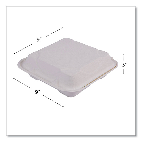 Eco-Products Vanguard Renewable and Compostable Sugarcane Clamshells, 3-Compartment, 9 x 9 x 3, White, 200/Carton (EPHC93NFA)