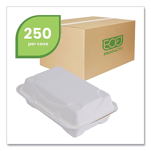 Eco-Products Vanguard Renewable and Compostable Sugarcane Clamshells, 1-Compartment, 9 x 6 x 3, White, 250/Carton (EPHC96NFA)