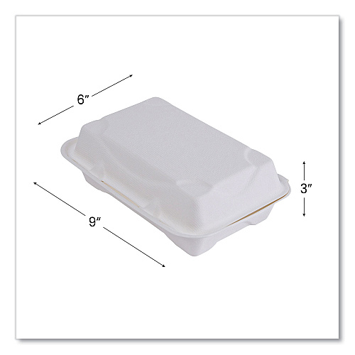 Eco-Products Vanguard Renewable and Compostable Sugarcane Clamshells, 1-Compartment, 9 x 6 x 3, White, 250/Carton (EPHC96NFA)