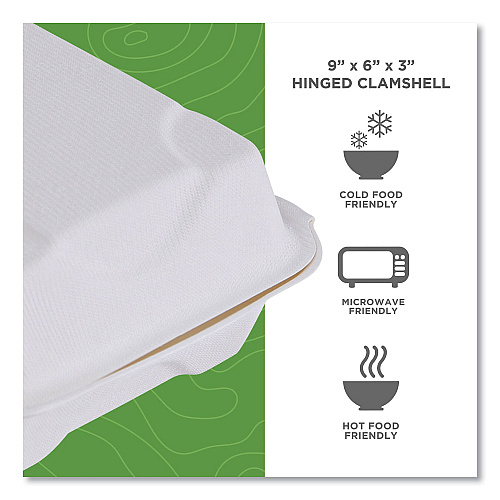 Eco-Products Vanguard Renewable and Compostable Sugarcane Clamshells, 1-Compartment, 9 x 6 x 3, White, 250/Carton (EPHC96NFA)