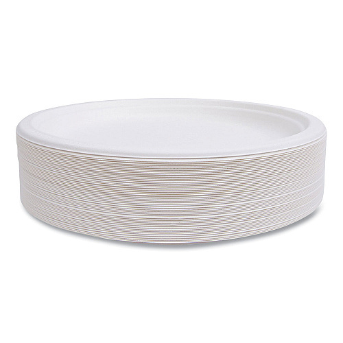 Eco-Products Vanguard Renewable and Compostable Sugarcane Plates, 10" dia, White, 500/Carton (EPP005NFA)