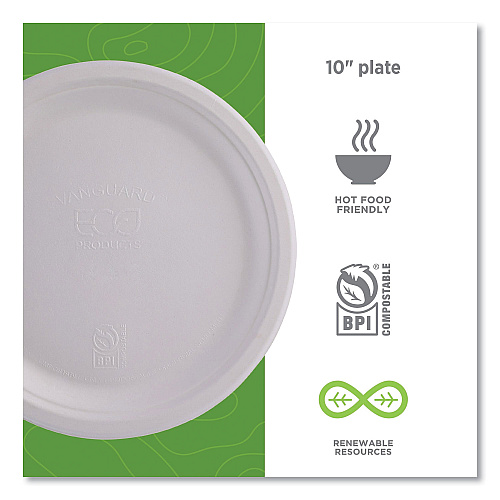 Eco-Products Vanguard Renewable and Compostable Sugarcane Plates, 10" dia, White, 500/Carton (EPP005NFA)