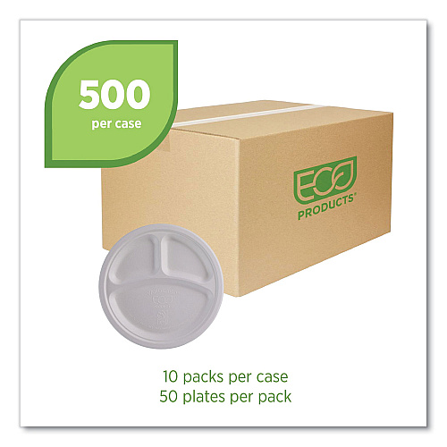 Eco-Products Vanguard Renewable and Compostable Sugarcane Plates, 3-Compartment Plate, 10" dia, White, 500/Carton (EPP007NFA)