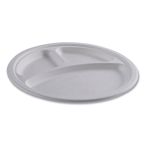 Eco-Products Vanguard Renewable and Compostable Sugarcane Plates, 3-Compartment Plate, 10" dia, White, 500/Carton (EPP007NFA)