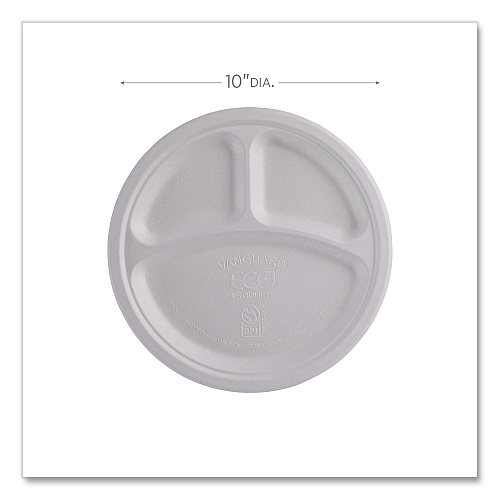 Eco-Products Vanguard Renewable and Compostable Sugarcane Plates, 3-Compartment Plate, 10" dia, White, 500/Carton (EPP007NFA)