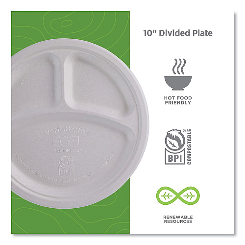 Eco-Products Vanguard Renewable and Compostable Sugarcane Plates, 3-Compartment Plate, 10" dia, White, 500/Carton (EPP007NFA)