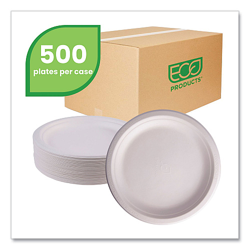 Eco-Products Vanguard Renewable and Compostable Sugarcane Plates, 9" dia, White, 500/Carton (EPP013NFA)