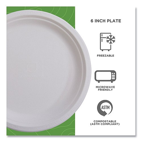 Eco-Products Vanguard Renewable and Compostable Sugarcane Plates, 6" dia, White, 1,000/Carton (EPP016NFA)