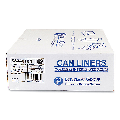Inteplast Group High-Density Commercial Can Liners, 33 gal, 16 mic, 33" x 40", Clear, Interleaved Roll, 25 Bags/Roll, 10 Rolls/Carton (S334016N)