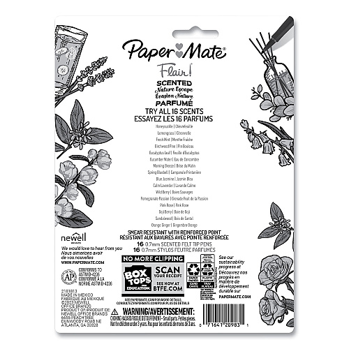 Paper Mate Flair Scented Felt Tip Porous Point Pen, Nature Escape Scents, Medium 0.7 mm, Assorted Ink and Barrel Colors, 16/Pack (2178701)