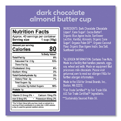 UNREAL Dark Chocolate Almond Butter Cups, 0.53 oz, Individually Wrapped, 40/Pack (22002089)