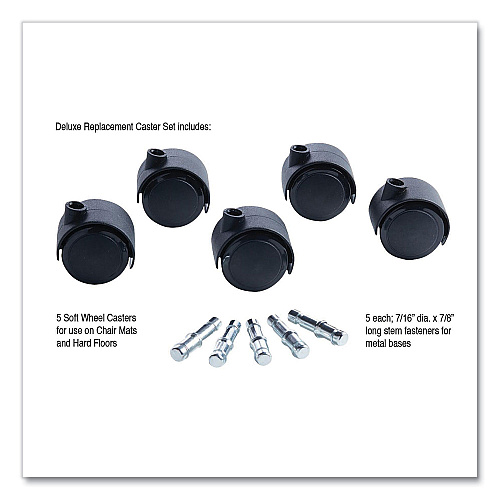 Master Caster Deluxe Duet Casters, Grip Ring Type B and Type K Stems, 2" Soft Polyurethane Wheel, Matte Black, 5/Set (23624)