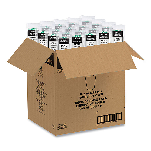 SOLO Compostable Paper Hot Cups, ProPlanet Seal, 10 oz, White/Green, 1,000/Carton (370PLAPLANET)