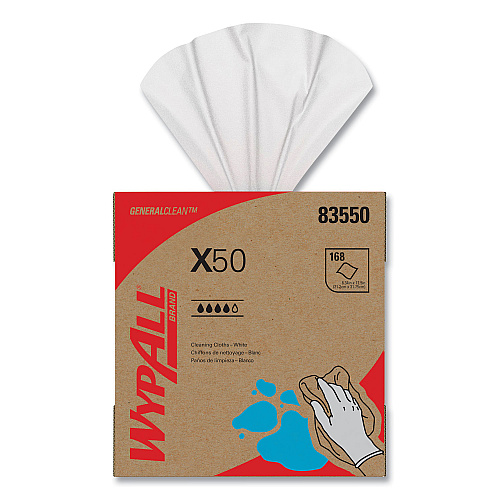 WypAll X50 Cloths, POP-UP Box, 12.5 x 9.1, White, 168/Box, 10 Boxes/Carton (83550)