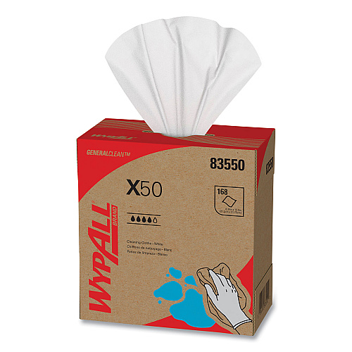 WypAll X50 Cloths, POP-UP Box, 12.5 x 9.1, White, 168/Box, 10 Boxes/Carton (83550)