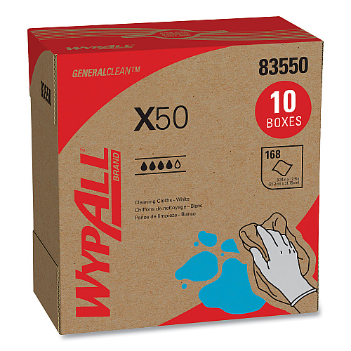 WypAll X50 Cloths, POP-UP Box, 12.5 x 9.1, White, 168/Box, 10 Boxes/Carton (83550)