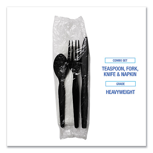 Boardwalk Four-Piece Cutlery Kit, Fork/Knife/Napkin/Teaspoon, Heavyweight, Black, 250/Carton (BWKFKTNHWPSBLA)