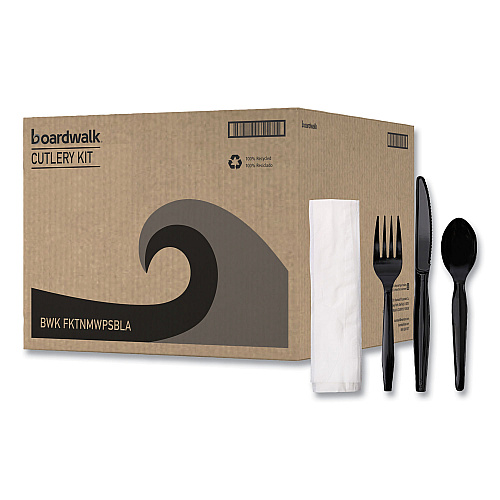Boardwalk&reg; Four-Piece Cutlery Kit, Fk/Kf/Npkn/Tsp, 250 Packs (BWKFKTNMWPSBLA)