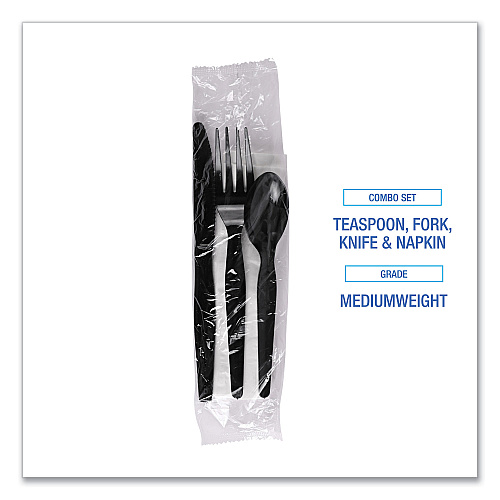 Boardwalk&reg; Four-Piece Cutlery Kit, Fk/Kf/Npkn/Tsp, 250 Packs (BWKFKTNMWPSBLA)
