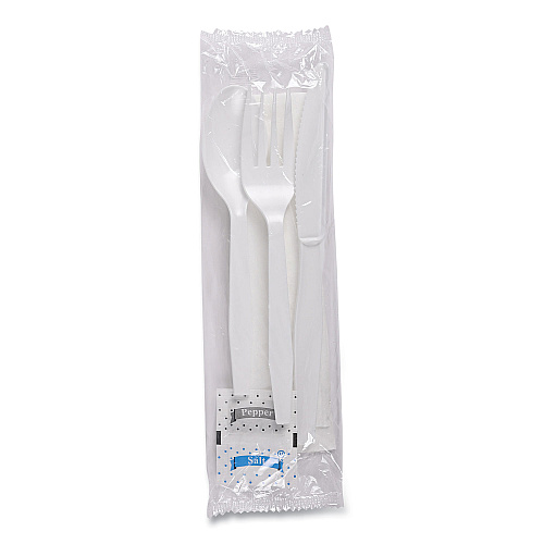 Boardwalk Six-Piece Cutlery Kit, Condiment/Fork/Knife/Napkin/Teaspoon, White, 250/Carton (BWKFKTNSMWPSWH)