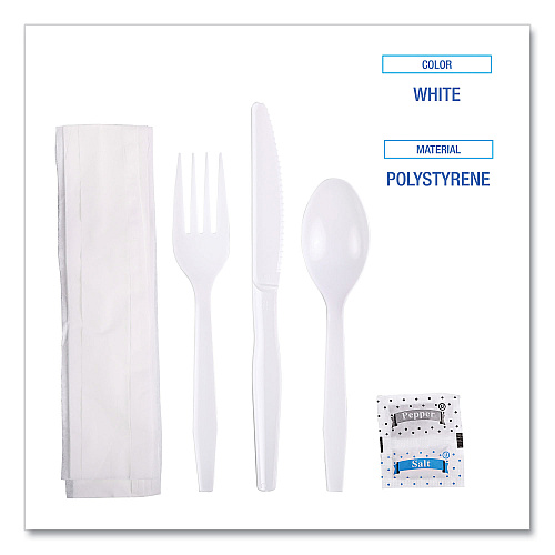 Boardwalk Six-Piece Cutlery Kit, Condiment/Fork/Knife/Napkin/Teaspoon, White, 250/Carton (BWKFKTNSMWPSWH)