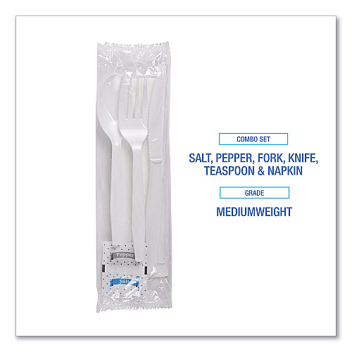 Boardwalk Six-Piece Cutlery Kit, Condiment/Fork/Knife/Napkin/Teaspoon, White, 250/Carton (BWKFKTNSMWPSWH)