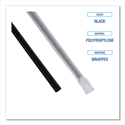 Boardwalk Wrapped Jumbo Straws, 7.75", Polypropylene, Black, 250/Pack, 50 Packs/Carton (BWKJSTW775B)