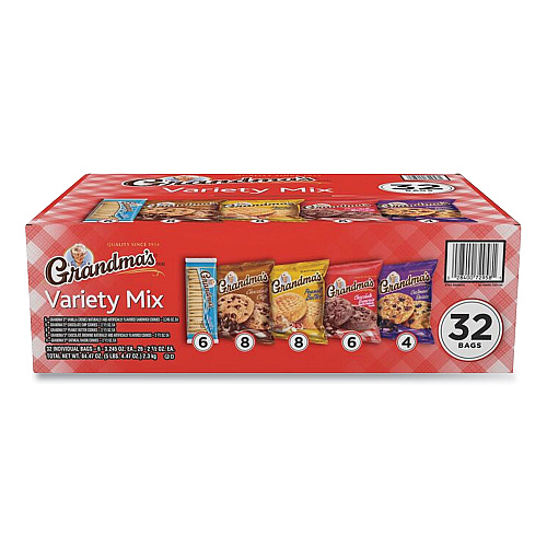 Grandma's Cookies Variety Tray, Assorted Flavors, (6) 3.25 oz, (26) 2.5 oz, 32 Bags/Carton (73977)