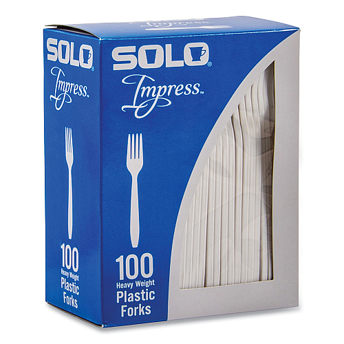 SOLO Impress Heavyweight Full-Length Polystyrene Cutlery, Fork, White, 100/Box, 10 Boxes/Carton (HSWFX0007)
