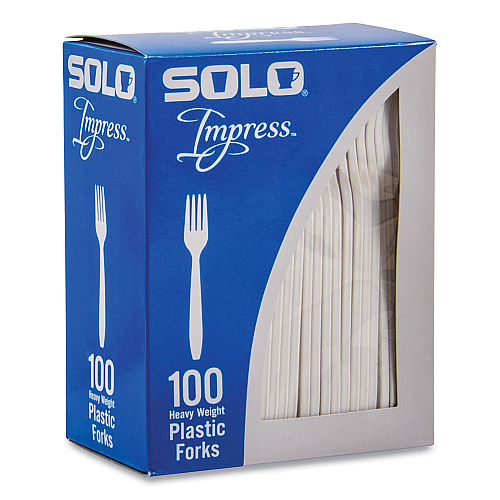 SOLO Impress Heavyweight Full-Length Polystyrene Cutlery, Fork, White, 100/Box (HSWFX0007BX)