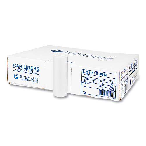 Inteplast Group High-Density Commercial Can Liners, 4 gal, 6 mic, 17" x 18", Clear, Perforated Roll, 50 Bags/Roll, 40 Rolls/Carton (EC171806N)