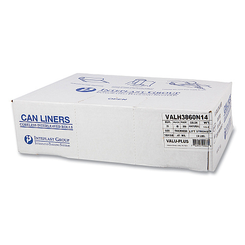 Inteplast Group High-Density Commercial Can Liner Value Pack, 60 gal, 12 mic, 38" x 58", Clear, Interleaved Roll, 25 Bags/Roll, 8 Rolls/CT (VALH3860N14)