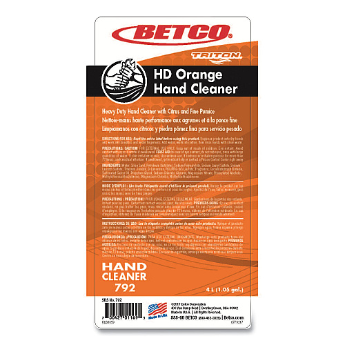 Betco HD Orange Hand Cleaner Refill, For Triton Dispensers, Citrus Zest Scent, 4 L, 4/Carton (7923100)