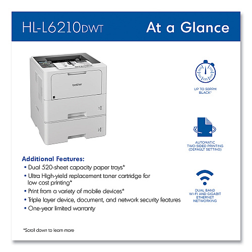 Brother HL-L6210DWT Business Monochrome Laser Printer with Dual Paper Trays