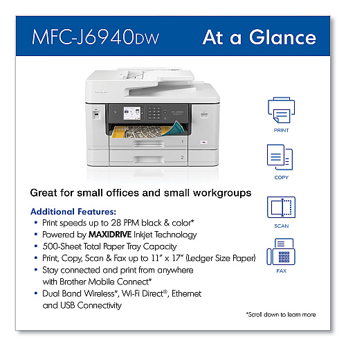 Brother MFC-J6940DW Color All-in-One Inkjet Printer, Copy/Fax/Print/Scan