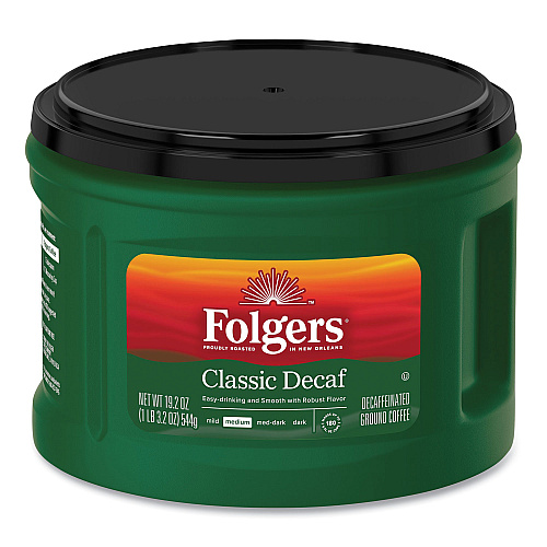 Folgers Ground Coffee, Classic Roast Decaffeinated, Ground, 19.2 oz, Can, 6/Carton (00374CT)