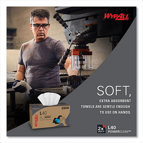 WypAll L40 Towels, POP-UP Box, 10.8 x 10, White, 90/Box, 9 Boxes/Carton (03046)