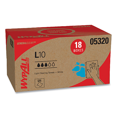 WypAll L10 Towels, POP-UP Box, 1-Ply, 9 x 10.5, White, 125/Box, 18 Boxes/Carton (05320)