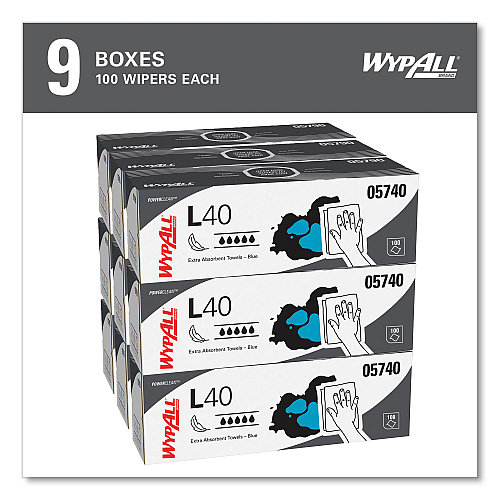 WypAll L40 Towels, POP-UP Box, 9.8 x 16.4, Blue, 100/Box, 9 Boxes/Carton (05740)