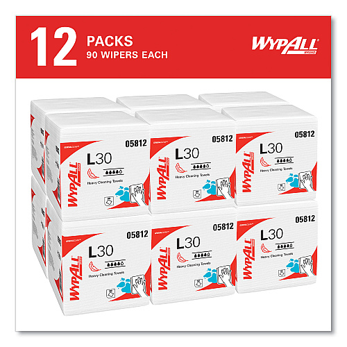 WypAll L30 Towels, Quarter Fold, 12.5 x 12, 90/Polypack, 12 Polypacks/Carton (05812)