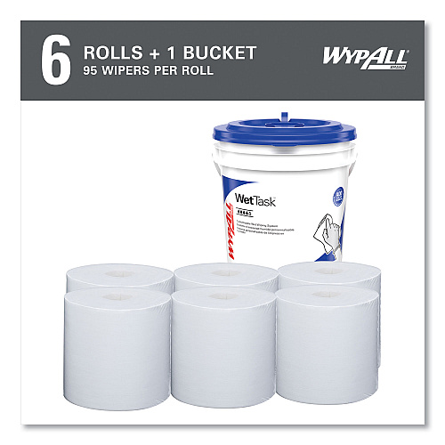 WypAll Power Clean Wipers for WetTask Customizable Wet Wiping System with (1) Bucket, 6 x 12, Unscented, 95/Roll, 6 Rolls/Carton (06001)