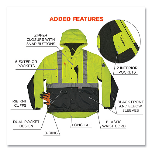 ergodyne GloWear 8275 Class 2 Heavy-Duty Hi-Vis Workwear Sherpa Lined Jacket, Large, Lime (23974)