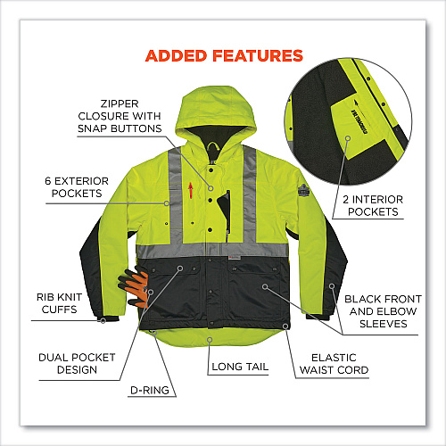 ergodyne GloWear 8275 Class 2 Heavy-Duty Hi-Vis Workwear Sherpa Lined Jacket, 2X-Large, Lime (23976)