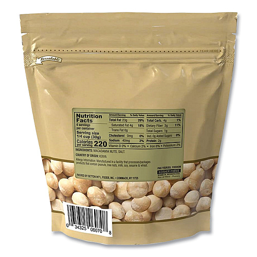 Setton Farms Macadamia Nuts, Dry Roasted, Salted, 4 oz Bag, 12/Carton (6070)