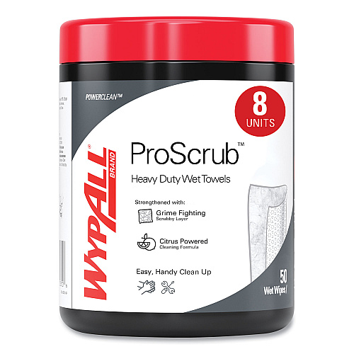 WypAll Power Clean ProScrub Pre-Saturated Wipes, 12 x 9.5, Citrus Scent, Green/White, 50/Canister, 8 Canisters/Carton (58310)